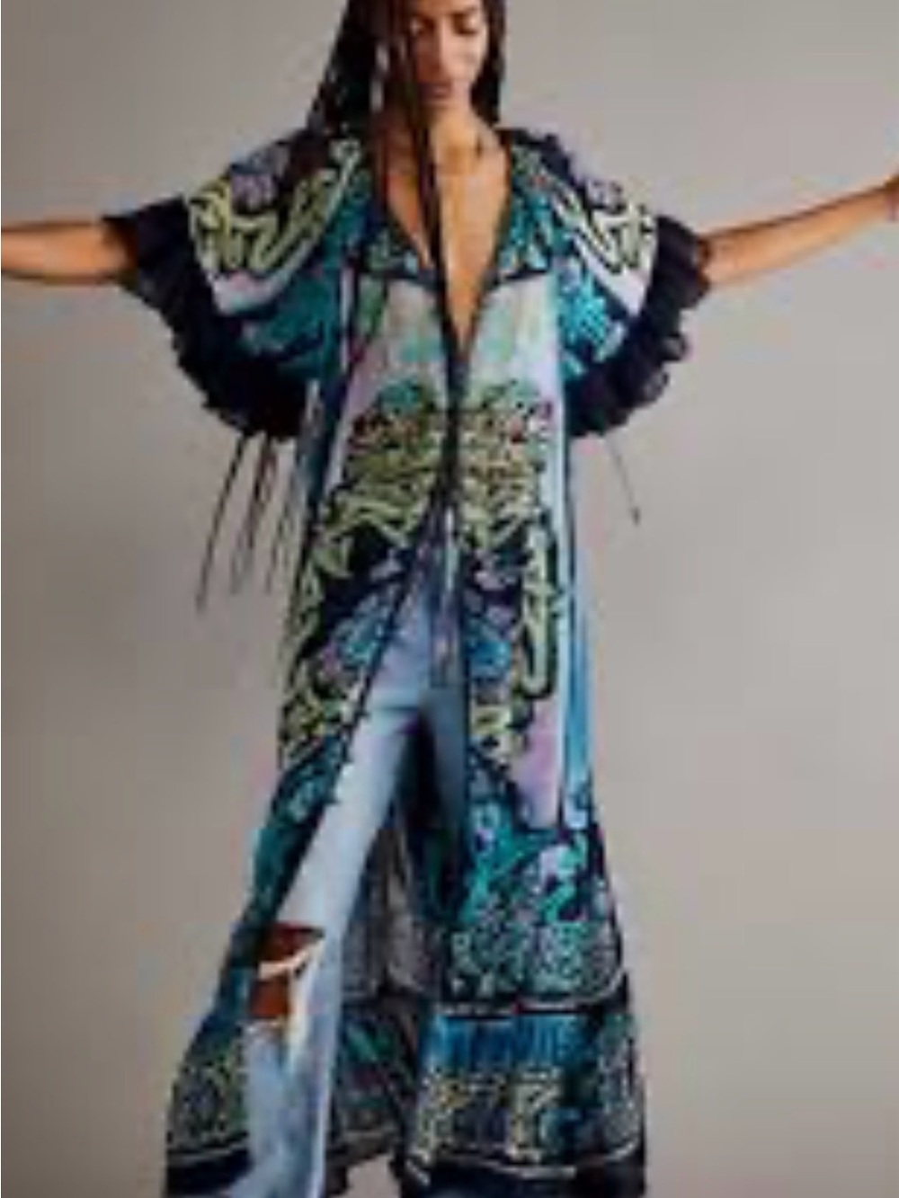 Free People Teal & Black Paisley Kimono Maxi Duster